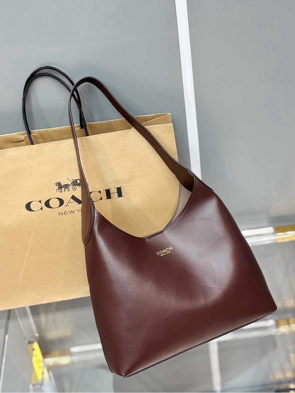Coach Brown Leather Shoulder Hobo with Gold Logo
